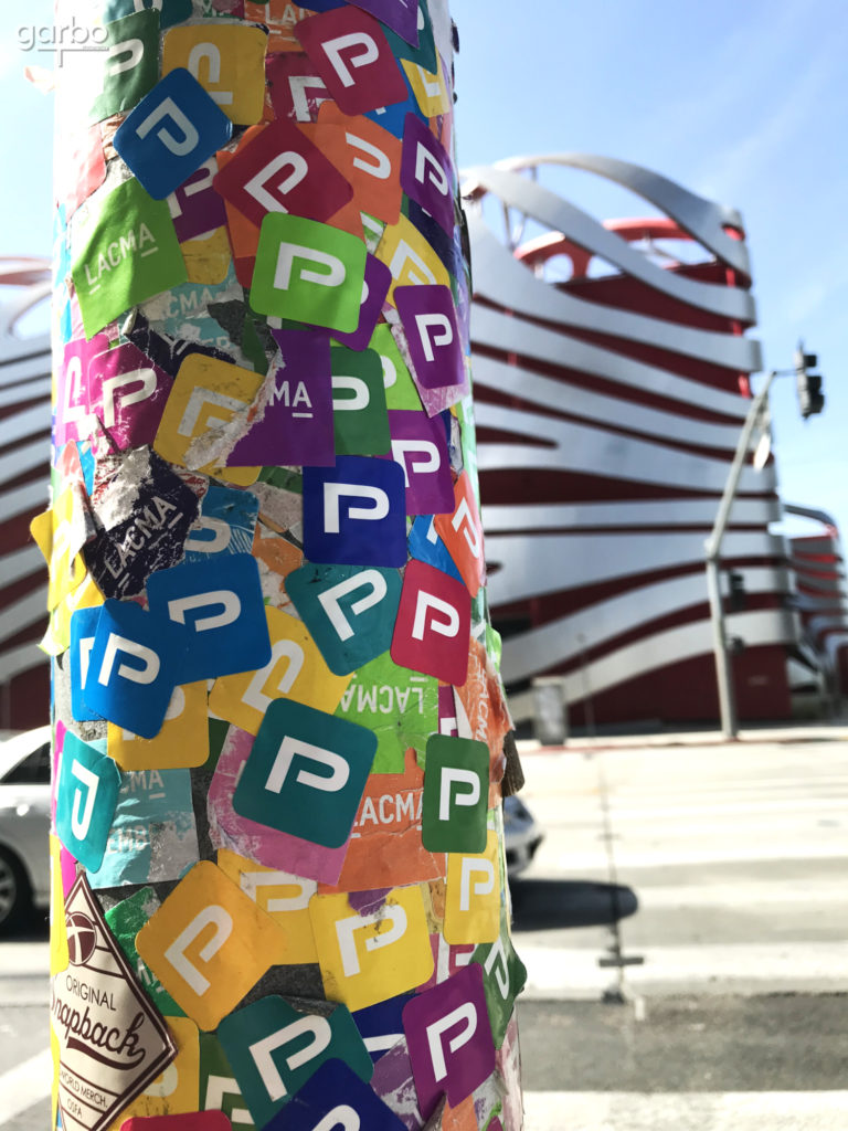 stickers on light pole, Petersen Museum